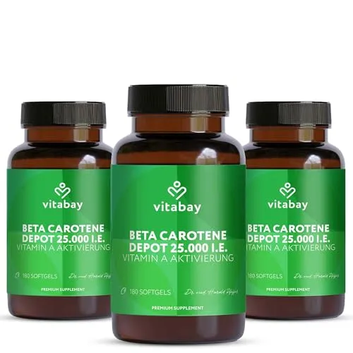Vitabay Beta Carotin Bräunungskapseln Hochdosiert 25.000 I.E. Depot – 540 Softgels – Natürlich aus Dunaliella salina Alge – Provitamin A – Vegan, Laborgeprüft – Vorrat für lange Zeit – 3er Bundle