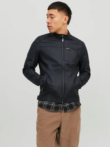 JACK & JONES Male Lederjacke Faux Black L - Funktionsjacke für Herren mit klassischen Biker-Details, aus hochwertigem Kunstleder und 3 praktischen Reißverschlusstaschen für optimalen Stauraum.