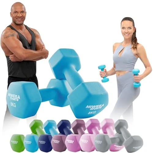 Miweba Sports Neopren Hantelset NKH100 | 8 kg Hexagon Kurzhanteln für effektives Training - Hanteln mit rutschfestem Griff und robuster Neopren-Ummantelung für sicheren Halt. Ideal für Home-Gym und vielseitiges Training, ob Muskelaufbau oder Reha.