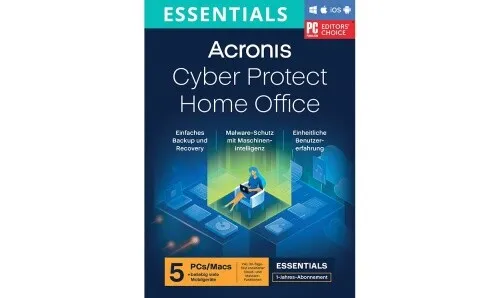 Acronis Cyber Protect Home Office Essentials, 5 Geräte - 1 Jahr, Download - Backup & Wiederherstellung, umfassender Schutz für bis zu 5 Geräte mit automatischen Sicherungen und Ransomware-Schutz.