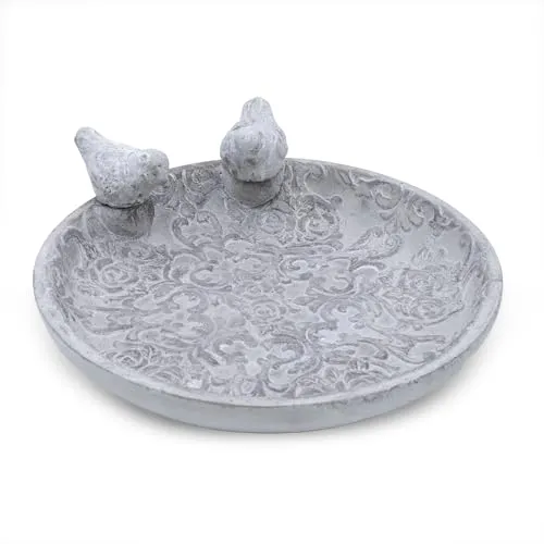 Spetebo Beton Vogeltränke in grau mit Ornamenten - 24 cm - Vogelbad aus Stein mit Relief Muster - Gartendeko Wassertränke mit Vogel Figur Vogelbrunnen