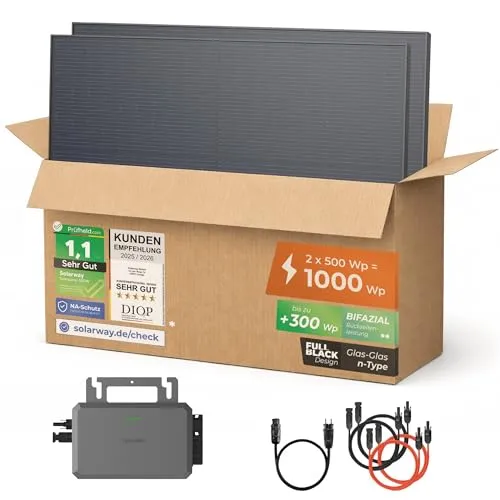 Solarway® 1000W Balkonkraftwerk - Komplettset mit 800W Wechselrichter - Solaranlagen mit 500W bifazialen Solarmodulen und Premium-Komponenten für maximale Energieeffizienz und einfache Installation.