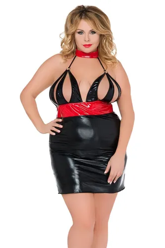 Gr. 38/40  Sexy Wetlook Kleid Schwarz/Rot  Rückenfreies Minikleid mit Neckholder