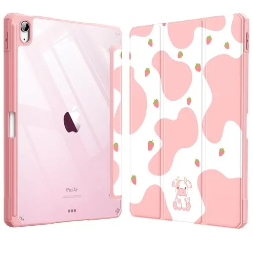 Fintie Hybrid Hülle für iPad Air 11 Zoll M4/M3/M2 (2026/2025/2024), iPad Air 5./4. Gen (2022/2020) 10,9 Zoll, mit Stifthalter, stoßfeste Schutzhülle mit transparenter Hartschale, Strawberry Cow