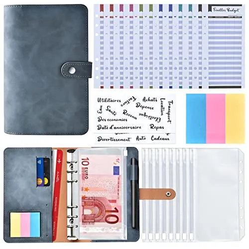 AiQInu Budgetordner A6, französisch, aus PU-Leder, Budgetplaner, mit 8 PVC-Umschlag, 12 Blatt Budget, 3 Farben mit selbstklebenden Notizen und 27 Kategorien auf Französisch