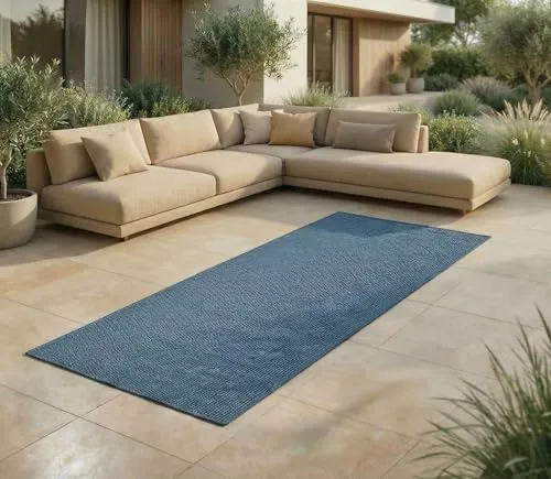 Jimri Outdoorteppich Key West, Wetterfester Balkonteppich - Teppich für Außenbereiche, pflegeleicht und ideal für Terrassen mit einer Größe von 80 cm x 250 cm in stilvollem Blau.