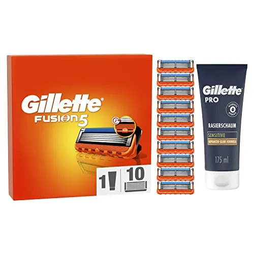 Gillette Fusion 5 Rasierklingen und Bartpflege Set für Rasierer, 10 Ersatzklingen für Nassrasierer Herren + Gillette PRO Sensitive Rasierschaum 175 ml, Geschenk für Männer