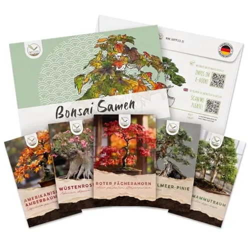 Bonsai Samen Set - 5 hochwertige Sorten für deinen eigenen Bonsai Baum - Baumsamen & -pflanzen: 5 Premium-Sorten mit hoher Keimrate, inklusive gratis eBook und Samenkarten für eine erfolgreiche Anzucht!