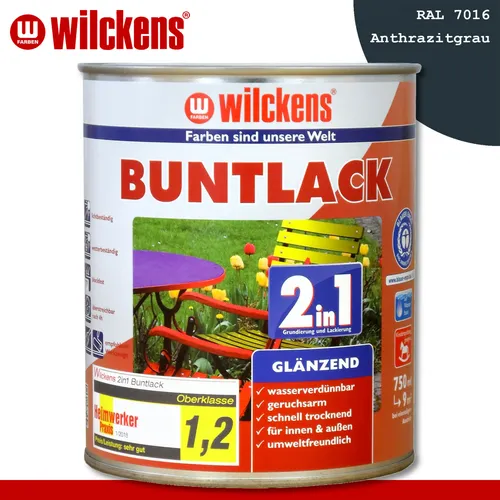 Wilckens 2in1 Acryl Buntlack, glänzend, 750 ml, RAL 7016 Anthrazitgrau - Vielseitiger 2in1 Acryl Buntlack für Innen und Außen. Ideal für Holz, Metall und Hart-PVC. Licht- und wetterbeständig, mit hervorragendem Verlauf. Ergiebigkeit: ca. 9 m² pro Anstrich, je nach Untergrund.