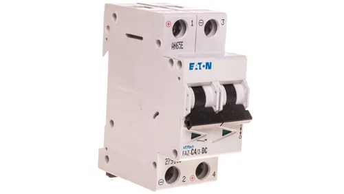 Leistungsschalter 2P C 4A 15kA DC FAZ C4/2-DC 279136 - Fehlerstromschutz (RCD) mit 2 Polen, ideal für den sicheren Einsatz in DC-Anwendungen mit hoher Auslösestärke von 15kA.