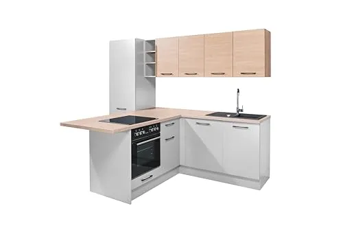 P & B Eckküche Girona, Weiß, Eiche, Metall, 1 Schublade - Moderne Eckküche Girona in Weiß und Eiche, ideal für kleine Räume. Mit 1 praktischen Schublade und höhenverstellbaren Füßen für optimalen Komfort.