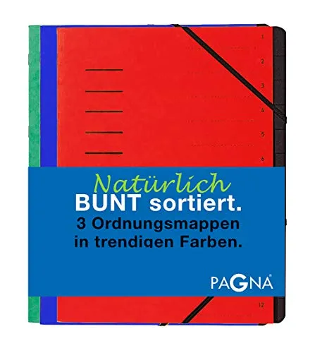 Pagna Ordnungsmappenset 12 Fächer Basic sortiert, Set mit 3 Stück, rot, blau, grün