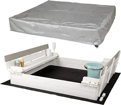 WONDERMAKE Sandkasten mit Abdeckung und Sitzbank - Quadratischer Sandkasten aus Holz mit Sitzbänken, inkl. Bodenfolie und silberner Abdeckung, ideal für Kinder ab 3 Jahren und perfekt für den Garten.