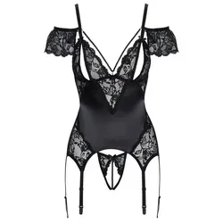 Cottelli LINGERIE Set: Corsage Straps-Corsage und String edler Satinglanz & Spitze - schwarz (1-tlg) Üppiger Kettenbesatz über Brüsten & Hüften schwarz S