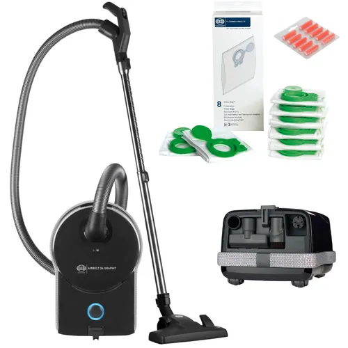 SEBO Airbelt D4 Graphit 890W Staubsauger - Effizienter Staubsauger mit 890 W Motor, stufenloser Leistungsregulierung und 15,5 m Aktionsradius. Inklusive integriertem Zubehör für umfassende Reinigung.