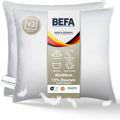 BEFA NATUR Feder-/Daunenkissen 80x80 cm - Allergiker geeignet, Made in Germany - Kissen: Hochwertige Füllung aus 15% Daunen und 85% Federn für optimale Stützkraft. Maschinenwaschbar und mit Öko-Tex 100 Klasse 1 Zertifizierung – ideal für allergische Schlafumgebungen.