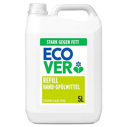 Ecover Hand‑Spülmittel Nachfüllpack, Geschirrspülmittel, stark gegen Fett und hartnäckigen Schmutz, frischer Zitrone und Aloe Vera Duft, 1 × 5 l
