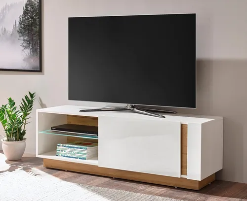 INOSIGN CLAiR Lowboard 31, weiß - Stylisches Lowboard aus Holzwerkstoff mit hochglänzender Oberfläche und Grandson Oak Akzenten. Ideal für die CD- & DVD-Aufbewahrung mit variablen Einlegeböden und Kabeldurchführung.