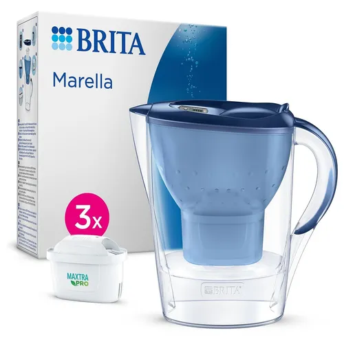 BRITA Wasserfilter Kanne Marella blau (2,4l) mit 3x MAXTRA PRO Kartusche - Filterkannen für Trinkwasser mit innovativer BRITA-Filtertechnologie: 150l frisches Wasser pro Kartusche, BPA-frei und spülmaschinenfest, ideal für volleres Aroma in Kaffee und Tee.