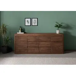 Sideboard TORONTO aus Sheesham-Massivholz 200x40x80 - Elegantes Sideboard in smoked cherry mit viel Stauraum, schlichten Griffmulden und einer auffälligen Holzmaserung. Perfekt für ein modernes Wohnambiente! Entdecken Sie auch weitere Möbel der TORONTO-Serie.