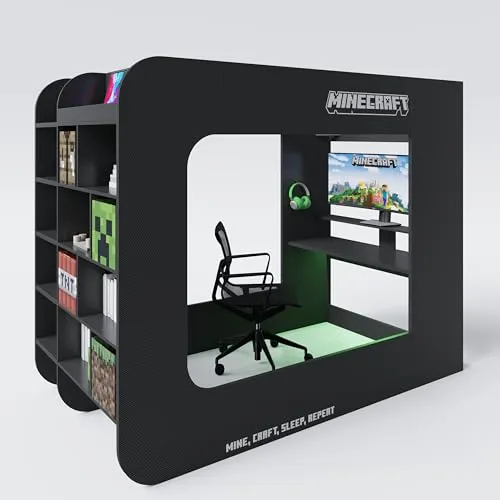 Minecraft Hochbett Schwarz - Gaming Holzmöbel für Kinder - Zubehör für Möbel: Minecraft Hochbett in Schwarz, aus Holz, mit integrierter Beleuchtung und idealer Größe von 120x200 cm für ein stylisches Kinderzimmer.