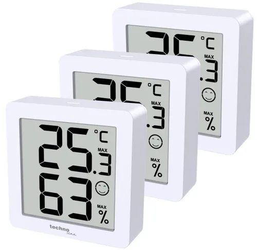 techno line WS9425 3er Set Thermometer & Hygrometer - Hygrometer Set mit 3 digitalen Thermometern, extrem kompakt und mit klarem LCD-Display für präzise Messwerte von Temperatur und Luftfeuchtigkeit.