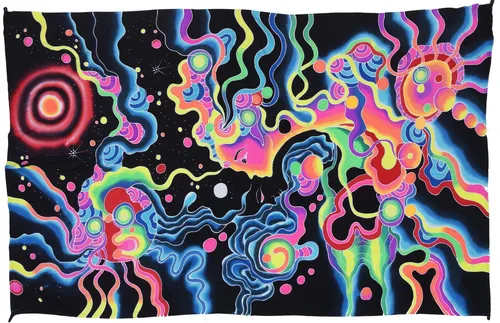 Goa Wandtuch - UV Schwarzlicht Wandbehang im Ethno-Stil - Neu und fair gehandelt! Dieses mehrfarbige Wandtuch aus 100% Polyester bringt psychedelische Farben in dein Zuhause und sorgt für ein gemütliches Ambiente.