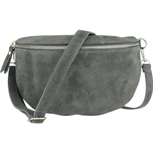MIRROSI® Bauchtasche Damen aus Echtleder, Made in Italy | Stilvolle Crossbody Bag in D.Grau - Elegante Bauchtasche aus hochwertigem Echtleder, gefertigt in Italien. Erhältlich in 3 Größen, mit verstellbarem Ledergurt für vielseitige Tragemöglichkeiten und luxuriösem Look.