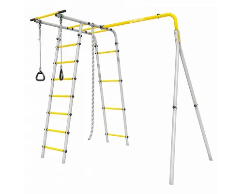 JEFLEX Grau-Gelbe Kletterinsel - Outdoor Klettergerüst - Robustes Spielgerüst mit Seil, Ringen, Turnleiter und fester Klimmzugstange - perfekt für Abenteuerspielplätze im Garten und fördert die motorischen Fähigkeiten der Kinder.