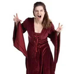 Metamorph Vampir-Kostüm Bordeauxrotes Vampirkleid – Stilvoll und Elegant - Dieses elegante Vampirkostüm mit spitz zulaufenden Trompetenärmeln und Schnürung bietet perfekten Tragekomfort für Mittelaltermärkte und LARP. Hergestellt aus weichem Samtstoff und maschinenwaschbar.