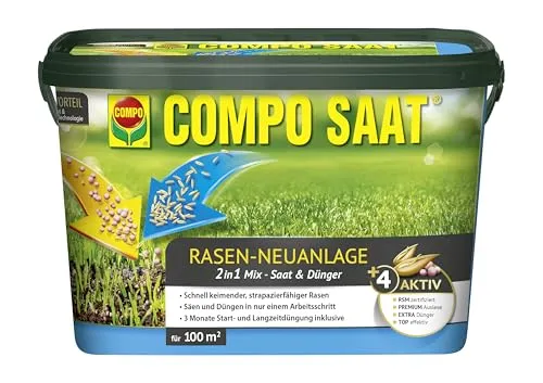 COMPO Rasen-Neuanlage-Mix Samen&Dünger 2,2kg für 100m² - Dünger für eine perfekte Rasen-Neuanlage, enthält hochwertige Samen und Nährstoffe für einen kräftigen, grünen Rasen auf bis zu 100m².