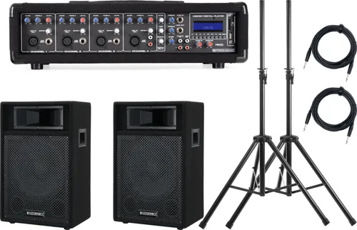 Pronomic PM42-112 StagePower Set Aktivanlage - Leistungsstarkes Powermischer-Set mit 100W RMS, Bluetooth-MP3-Player und 4 Kanälen. Ideal für Live-Events, inklusive Boxen, Stativen und Kabel für sofortigen Einsatz.