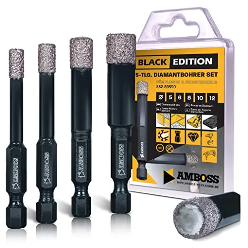 Amboss Werkzeuge Diamanttrockenbohrer Amboss Black - Perfekter Bohrer für Fliesen - Lochsägen für präzise Bohrungen in Fliesen, Keramik und Marmor. Mit temperaturbeständigen Industriediamanten für lange Standzeit und kein Wasserkühlen nötig!