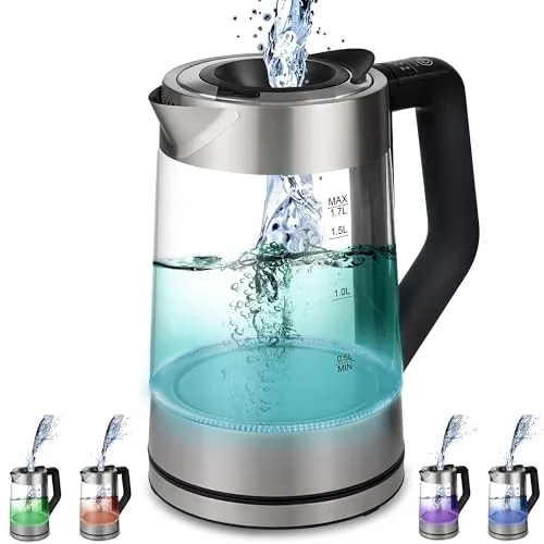 Glas Wasserkocher 1,7 Liter 2200 Watt - Edelstahl mit Temperaturwahl, 100% BPA-frei und LED-Beleuchtung in Farbwechsel für präzises Erhitzen