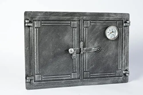 SEZAM Gusseisen Brotbackofentür mit Thermometer 500 °C - 48 x 32,5 cm, altsilber - Robuste Gusseisentür für Pizza- & Steinöfen, ideal für Garten und Gastronomie. Mit Thermometer für optimale Temperaturregelung. Praktischer Riegelverschluss für Sicherheit und einfache Handhabung.
