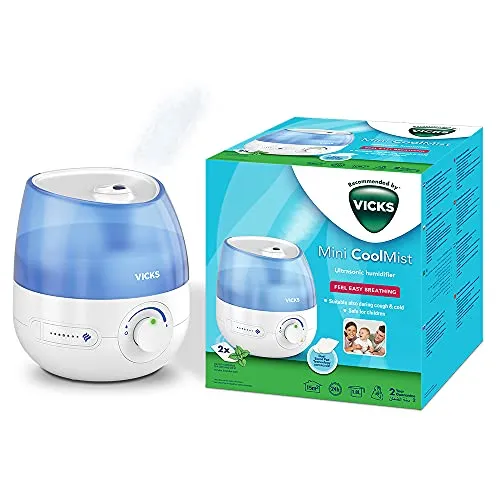 Mini CoolMist Vicks - Kompakter Cool Mist Luftbefeuchter für Kinderzimmer, sicher ohne Verbrennungsgefahr. Mit Ultraschalltechnologie für leisen Betrieb und 1,8-Liter-Tank für bis zu 24 Stunden feuchte Luft.