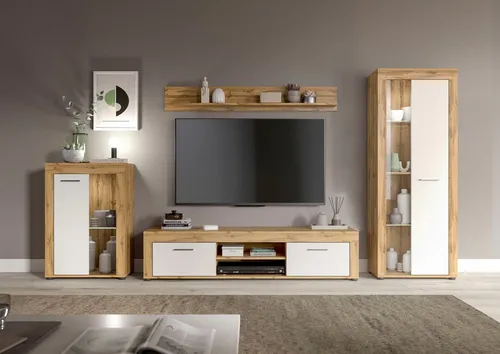 INOSIGN Wohnwand Aosta, 4-tlg. - Elegante Anbauwand mit hohem Stauraum - Wohnwände: Set aus Vitrine, Lowboard, Wandboard & großer Vitrine, bietet viel Stauraum und flexible Montageoptionen für dein modernes Wohnzimmer.