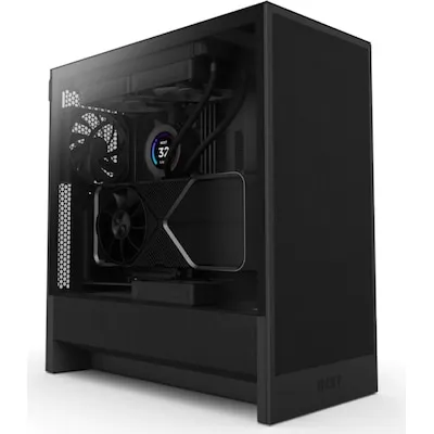 H5 Flow (2024) Tower-Gehäuse schwarz mit Tempered Glass - PC-Gehäuse für E-ATX mit 1x 3,5 Zoll und 1x 2,5 Zoll Einbauschächten, bietet Platz für 7 Full-Size-Slots und eine stilvolle Glasfront für optimale Sicht auf die Hardware.