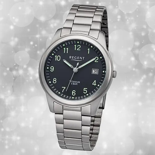 Regent Titan Herren Armbanduhr D2URF1296 - Armbanduhren aus Titan für Herren, hochwertige Quarzuhr mit elegantem grauen Armband und schwarzem Zifferblatt, wasserdicht bis 5 bar – ideal für jeden Anlass.