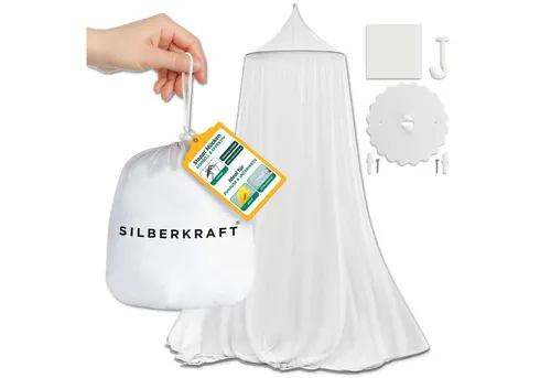 Silberkraft Betthimmel Moskitonetz mit Klebehaken - Moskitonetz für sicheren, chemiefreien Insektenschutz – ideal für Zuhause, Reisen und Camping. Mit Reißverschluss und bohrfreier Montage für einfachen Zugang und vielseitige Anwendung.