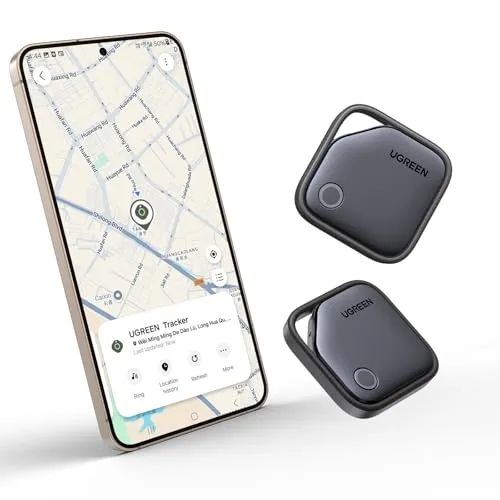 UGREEN FineTrack S Bluetooth Tracker für Samsung SmartThings – 550 Tage Batterielaufzeit (2 Stück) - Effizienter Bluetooth Tracker für Galaxy Handys. Mit 550 Tagen Batterielaufzeit und Rückwärtssuche für verlorene Geräte. Ideal für die einfache Standortverfolgung von Gegenständen.