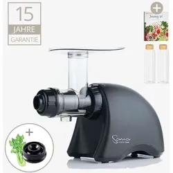 Sana 707 Entsafter - Schwarz, horizontaler Allrounder - Der Sana 707 Entsafter mit 70 Umdrehungen/min bietet vielseitige Einsatzmöglichkeiten. Inklusive Feinsieb, Grobsieb, Blanksieb und Pasta-Set für kreative Saft- und Pastazubereitung.