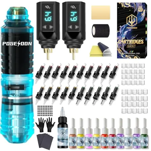 POSEIDON Akku-Rotary Tattoo Machine Kit mit 20 Tattoo-Kartuschennadeln - Professionelles Tattoo-Set mit leistungsstarker Akku-Rotary Maschine, ideal für Anfänger. Inklusive 20 steriler Einwegnadeln, USB-C Schnellladung und umfangreichem Zubehör für den perfekten Start in die Tattoo-Kunst.