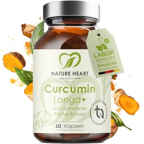 Nature Heart Curcumin Longa + 60 Kapseln – Hochdosierter Curcumin-Extrakt mit Piperin - Schwarzer Pfeffer – Vegan, ohne Zusatzstoffe – Kurkuma Extrakt