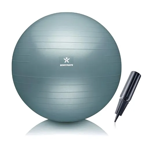 BODYMATE Gymnastikball Sitzball Trainingsball mit GRATIS E-Book inkl. Luft-Pumpe, Ball für Fitness, Yoga, Gymnastik, Core Training, für starken Rücken als Büro-Stuhl COOL-Grey-Blue 65cm