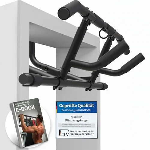 NEOLYMP verstellbare Klimmzugstange für Türrahmen - Die vielseitige Pullup Bar für dein Home Gym: stufenlos verstellbar, stabil bis 150 kg und ohne Bohren. Ideal für effektives Training mit verschiedenen Griffpositionen und sicherem Halt.