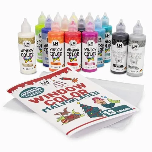 LM-Kreativ Window Color Set 4 Jahreszeiten - 15 Farben für kreative Fensterbilder - Gestalte mit dem LM-Kreativ Window Color Set farbenfrohe Fensterbilder für jede Jahreszeit. Die 15 leuchtenden Farben und präzisen Quetschflaschen ermöglichen detailreiche Motive für kreative Bastelstunden mit Familie und Freunden.