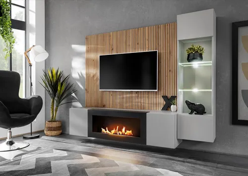 ASM-Moebel Wohnwand XARI PGAS-K mit LED und Bio-Ethanol Kamin - Moderne Wohnwand für stilvolles Wohnen, inklusive Bio-Ethanol Kamin für gemütliche Abende und LED-Beleuchtung für eine angenehme Atmosphäre. Einfache Selbstmontage!