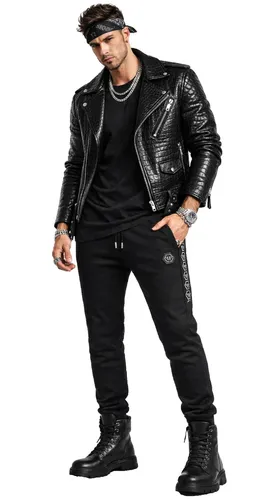 PHILIPP PLEIN Jogginghose Herren Slim Fit mit Tape Stripe - Elegante Herren Sweatpants in Schwarz mit PP-Branding, zwei praktischen Seitentaschen und elastischem Bund für perfekten Sitz. Ideal für Freizeit und Sport.