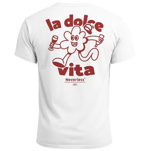 Neverless® Herren T-Shirt Backprint La Dolce Vita Grafikshirt Schriftzug Fashion Streetstyle Weiss-rot L